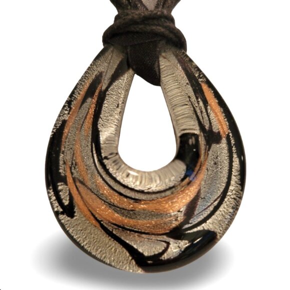 Molten Bronze Swirl Artisan Glass Teardrop Choker on Black Ribbon Necklace - Picture 4 of 6